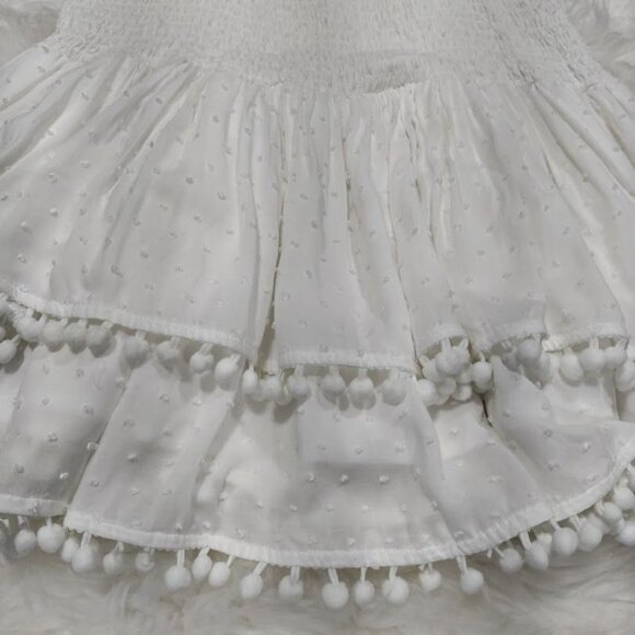 Aqua White Smocked Hips Pom-Pom Trim Ruffled Tiered Mini Skirt Size Large - Picture 4 of 9